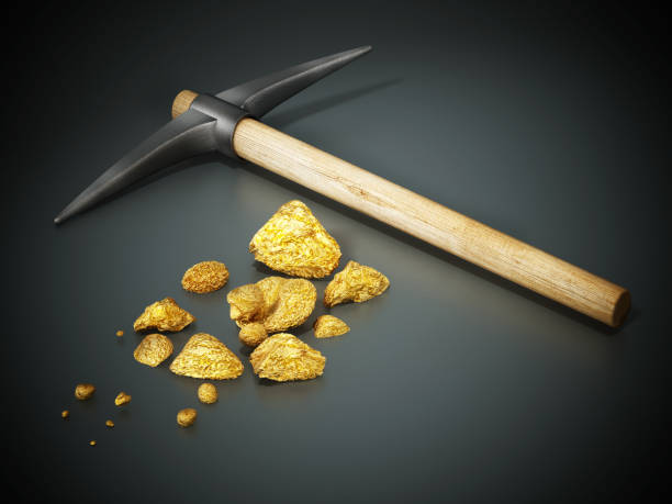 Mining pickaxe and gold nuggets standing on black background Mining pickaxe and gold nuggets standing on black background. pick axe stock pictures, royalty-free photos & images