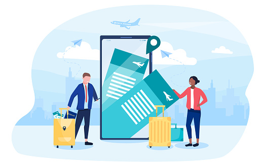 Abstract concept of online booking of tickets with tiny man and woman standing next to a giant smartphone. Flat cartoon vector illustration with fictional characters