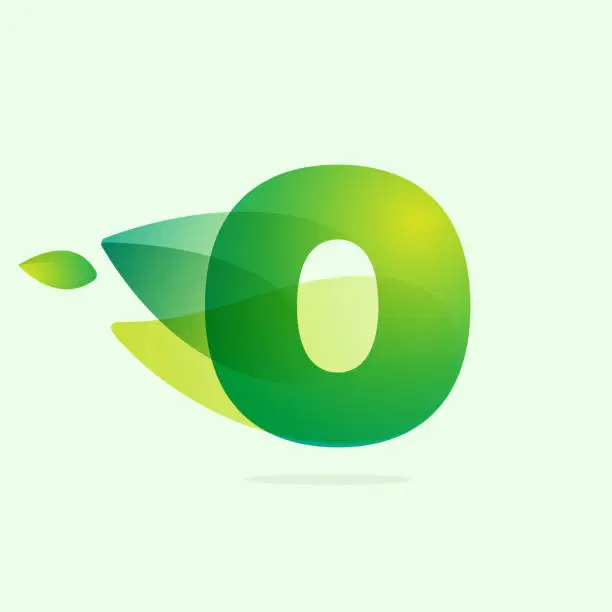 Vector illustration of Ecology O letter logo with green leaves.