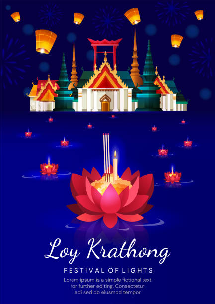 Loy krathong festival Loy krathong festival, chao phraya river holy place in thailand background, vector illustration loi krathong stock illustrations