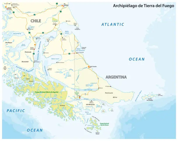 Vector illustration of Map of Tierra del Fuego, archipelago at the southern tip of South America