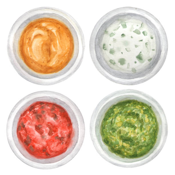 ilustrações de stock, clip art, desenhos animados e ícones de watercolor sauces in bowls set - tartar sauce