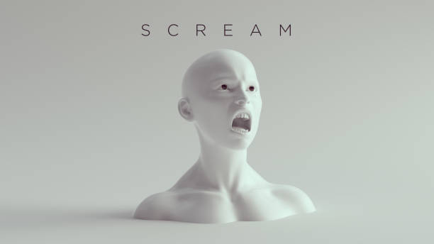 Non-Binary Screaming Female Male White Bust Head Back and Shoulders Front View 3d illustration