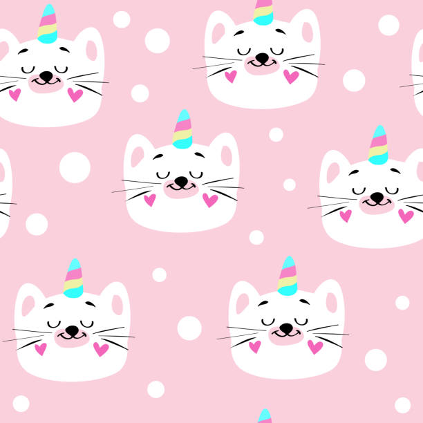 istock Beautiful illustration with head of a white cat unicorn  on a pink background seamless pattern 1285062395