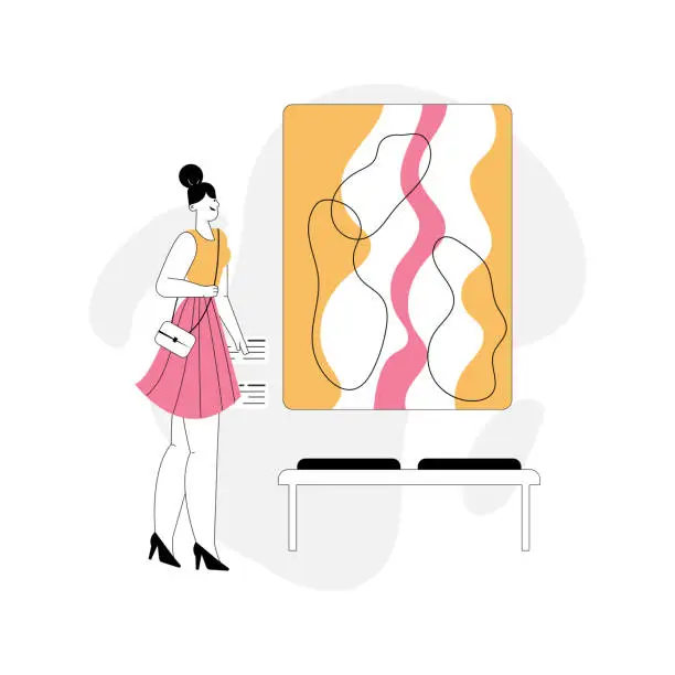 Vector illustration of Woman watching exhibition of abstract painting