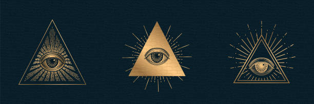 illustrations, cliparts, dessins animés et icônes de tous voyant le vecteur d’oeil, symbole illuminati dans le triangle avec le rayon de lumière, conception de tatouage isolé sur le fond noir - franc maconnerie