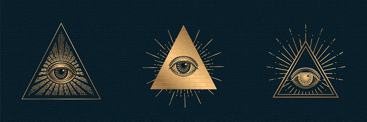 All seeing eye vector, illuminati symbol in triangle with light ray, tattoo design isolated on black background.