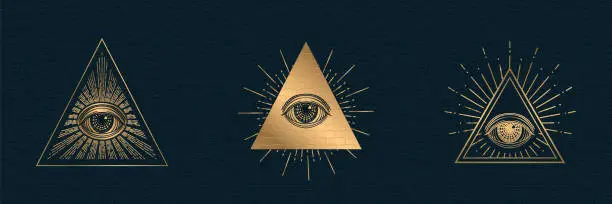 Vector illustration of All seeing eye vector, illuminati symbol in triangle with light ray, tattoo design isolated on black background