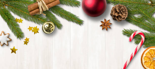 istock Christmas decorations on a wooden background with copy space 1285063533