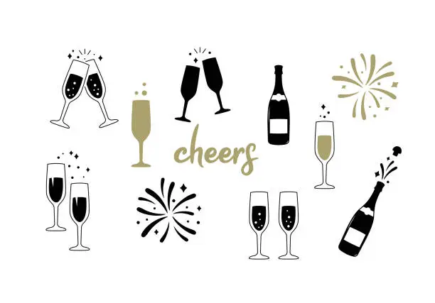 Vector illustration of Champagne glass and bottle. Celebration party. Cheers. Vector