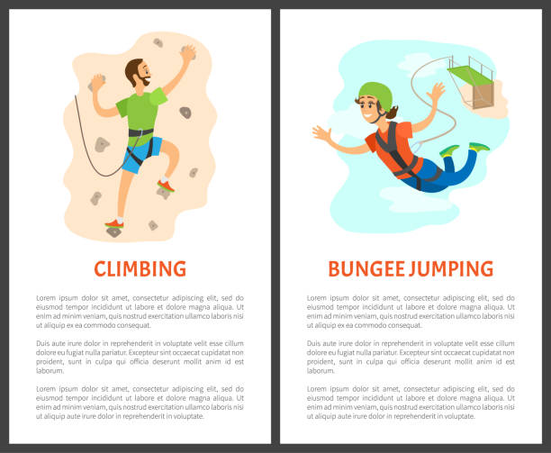 illustrazioni stock, clip art, cartoni animati e icone di tendenza di arrampicata e bungee jumping, poster con testo - hanging on rock rock climbing