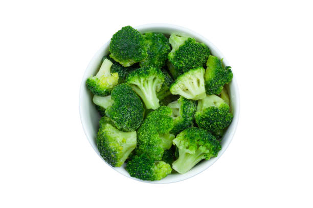 istock Frozen broccoli florets in a bowl isolated on white background, top view 1285068489