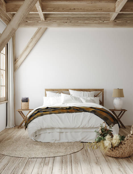 カントリースタイルのベッドルームインテリア - pillow bedroom bed rural scene ストックフォトと画像