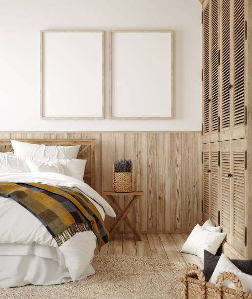 istock Mock up frame in country style bedroom interior 1285070165