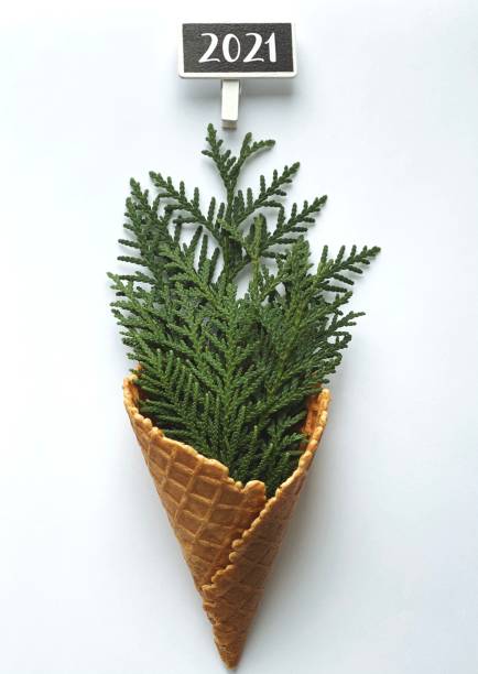 Winter waffle cone with green fir in it and 2021 chalkboard on white background with empty space for your logo and text Conceptual winter ice cream cone for 2021 Christmas flat-lay white shabby chic desk stock pictures, royalty-free photos & images