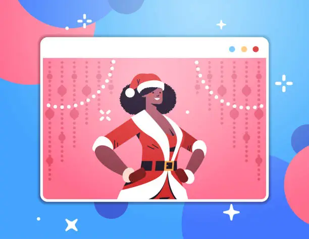 Vector illustration of african american santa woman in web browser window happy new year merry christmas holidays celebration