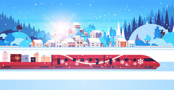 bildbanksillustrationer, clip art samt tecknat material och ikoner med rött tåg leverera gåvor god jul gott nytt år semester firande expressbudskoncept - travel by train