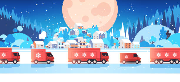 red trucks delivering gifts merry christmas happy new year holidays celebration express delivery concept vector art illustration