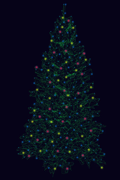 istock Wireframe of a Christmas tree made of green lines on a dark background with glowing lights. Vector illustratio 1285071211