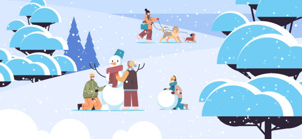 겨울 재미 남자 여자 공원에서 시간을 보내는 마스크에 사람들 야외 활동 coronavirus 검역 - snowman snowball men christmas stock illustrations