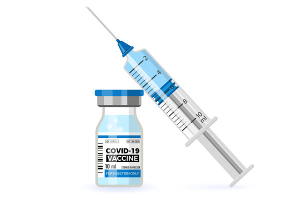 Covid-19 Vaccine and Syringe Injection Covid-19 coronavirus vaccine bottle and syringe injection. Treatment for coronavirus covid-19. Isolated vector illustration medicine vial stock illustrations