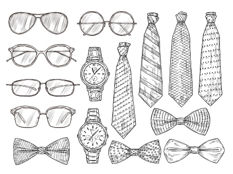Sketched mens accessories. Glasses, watches and mens ties and bow tie. Vintage engraving vector set. Illustration sketch man bow tie, collection glasses