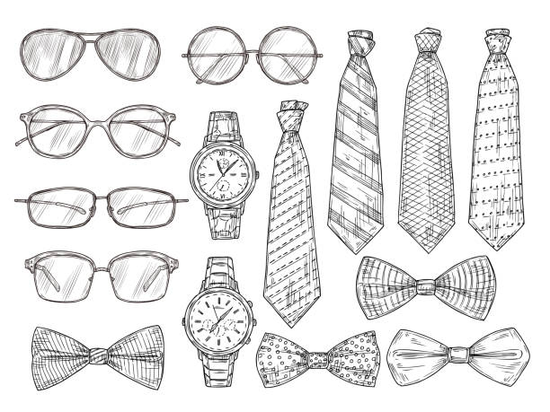 Sketched mens accessories. Glasses, watches and mens ties and bow tie. Vintage engraving vector set Sketched mens accessories. Glasses, watches and mens ties and bow tie. Vintage engraving vector set. Illustration sketch man bow tie, collection glasses bow tie stock illustrations
