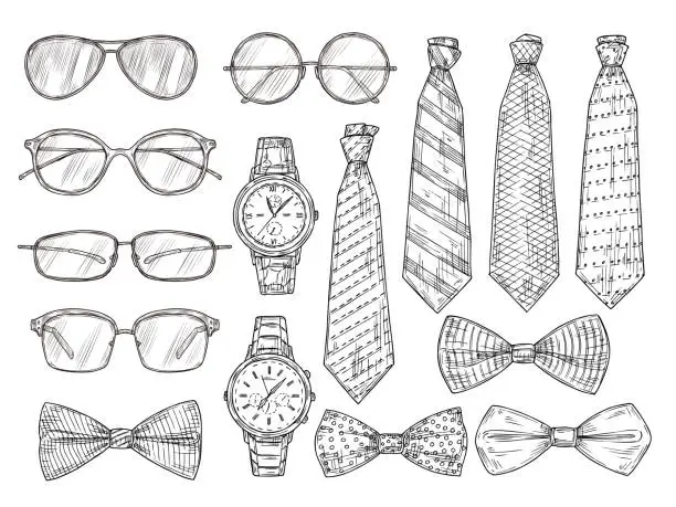 Vector illustration of Sketched mens accessories. Glasses, watches and mens ties and bow tie. Vintage engraving vector set