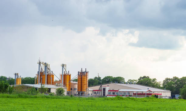 istock Summer landscape with green fields and concrete factory 1285072956