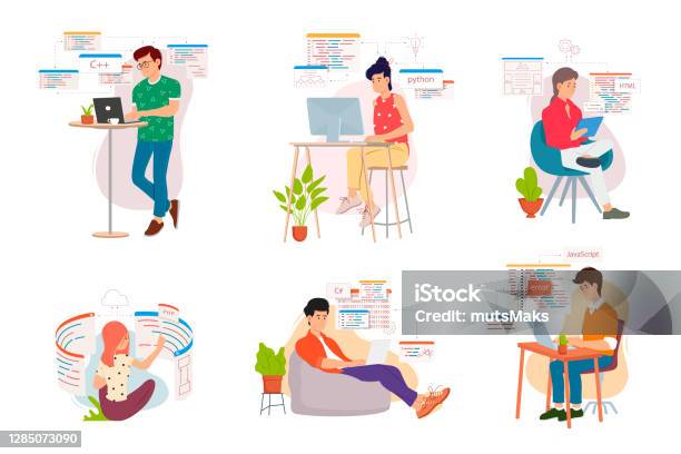 People Programmers Work On A Computer Write Codes In Different ...