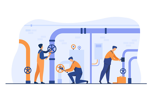 Handymen working in team and fixing leakage in boiler room flat vector illustration. Cartoon plumbers repairing pipes with tools. Flight crew and aircraft concept