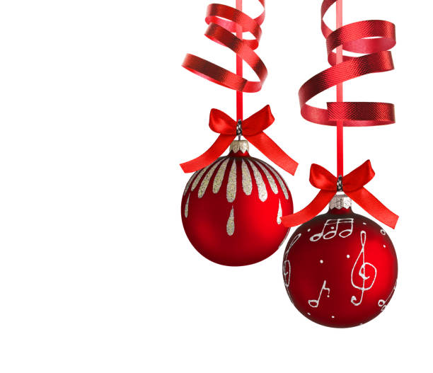 istock Christmas balls hanging with ribbons on white background 1285073977