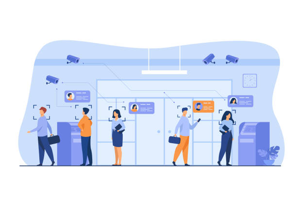 People standing queue in bank to withdrawing cash money People standing queue in bank to withdrawing cash money flat vector illustration. AI face recognition with camera for access. Digital safety, analysis and control concept facial mask beauty product illustrations stock illustrations
