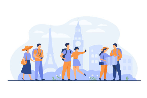Happy couples traveling in Europe and taking photo Happy couples traveling in Europe and taking photo isolated flat vector illustration. Cartoon group of people with backpack, camera and map. Vacation and tourism concept famous sight stock illustrations