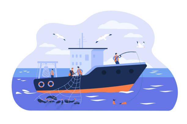 ilustrações, clipart, desenhos animados e ícones de pescadores profissionais que trabalham em embarcações - fishing net commercial fishing net netting isolated