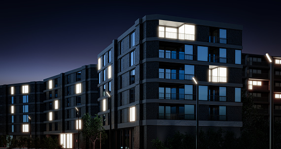 Modern apartment buildings exteriors 3d rendering. Night time