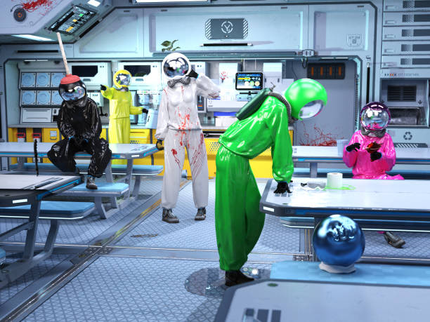 3D Photo of a Group of Space Workers Trying to Find the Sus Impostor Among Us stock photo