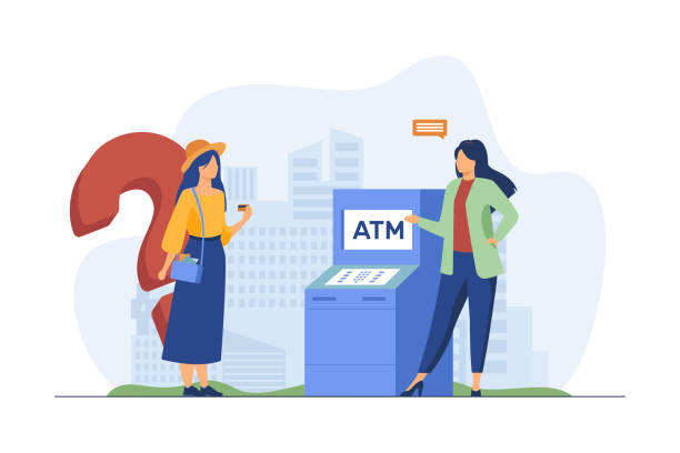 Bank worker helping customers to use ATM Bank worker helping customers to use ATM. Girl with credit card having question flat vector illustration. Finance, service, consultation concept for banner, website design or landing web page atm illustrations stock illustrations