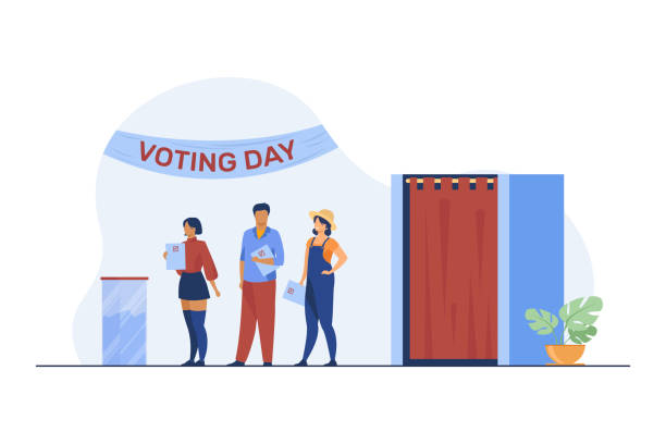 Queue of people with paper at ballot boxes Queue of people with paper at ballot boxes. Voting day, electorate, poll flat vector illustration. Election campaign, politics, choice concept for banner, website design or landing web page voting queues stock illustrations