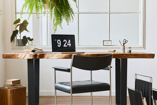 Stylish and botany interior of dining room with design craft wooden table, a lof of plants and elegant accessories in modern home decor. Template.