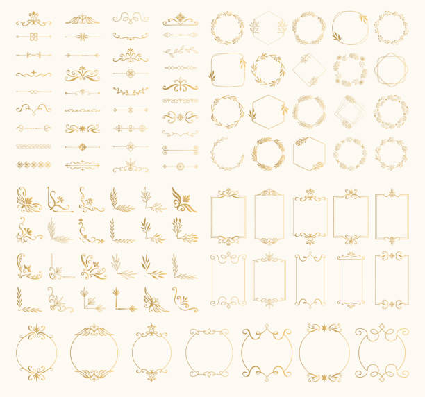 Set of golden decorative elements. Frames. borders, corners, dividers, wreaths. Vector isolated illustration. Set of golden decorative elements. Frames. borders, corners, dividers, wreaths. Vector isolated illustration. gold metal borders stock illustrations