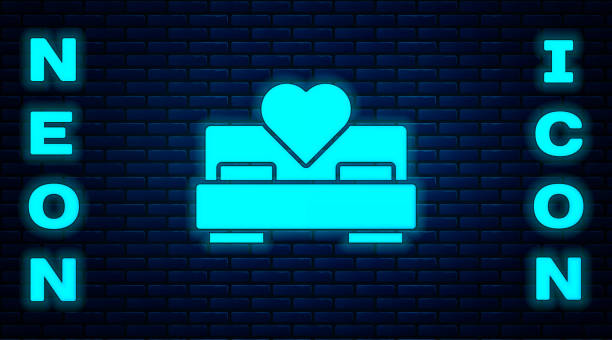 ilustrações, clipart, desenhos animados e ícones de ícone de quarto neon brilhante isolado no fundo da parede de tijolos. casamento, amor, símbolo de casamento. ícone criativo do quarto da coleção de lua de mel. vetor - honeymoon romance wedding bedroom