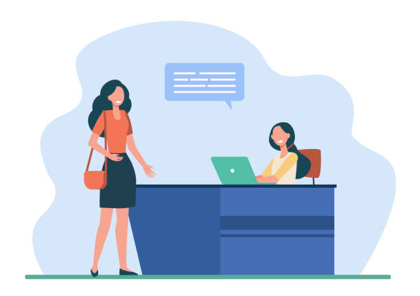 Female client or visitor talking with receptionist Female client or visitor talking with receptionist. Desk, speech bubble, laptop flat vector illustration. Service and communication concept for banner, website design or landing web page lobby office stock illustrations