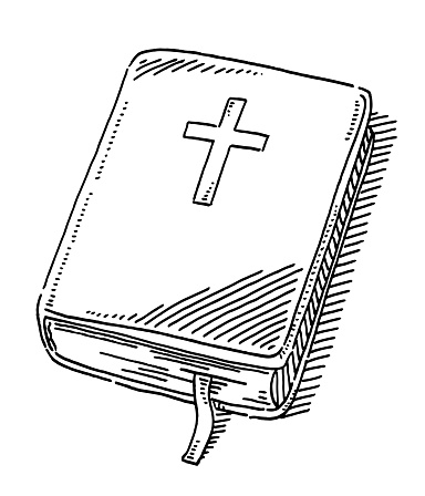 Hand-drawn vector drawing of a Bible Book with a Christian Cross. Black-and-White sketch on a transparent background (.eps-file). Included files are EPS (v10) and Hi-Res JPG.
