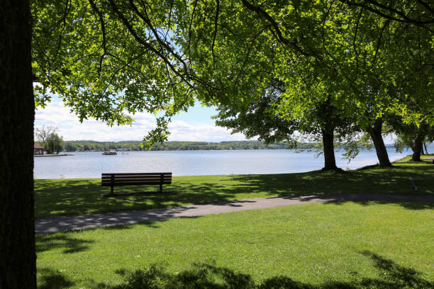 istock Park bench on the lakeshore with a view 1285078845