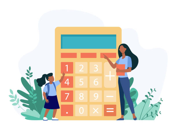 Woman explaining girl how to use calculator Woman explaining girl how to use calculator. Digit, teacher, child flat vector illustration. Education and calculation concept for banner, website design or landing web page calculator stock illustrations