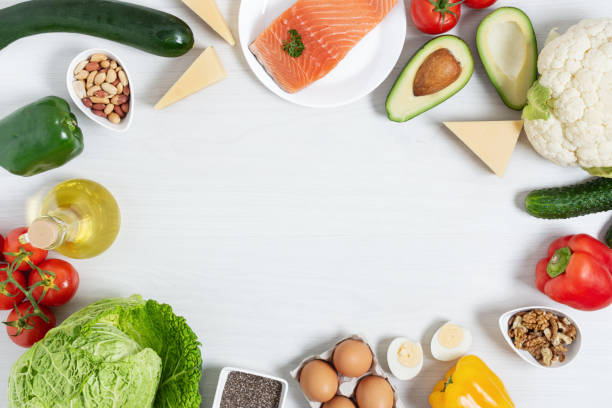 istock Ingredients for ketogenic diet top view on white wooden table. 1285079015