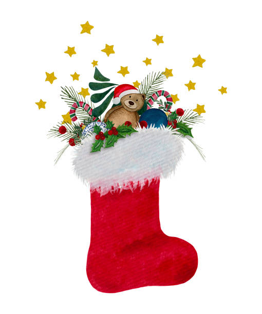 festliche weihnachten strumpf dekoration, aquarell weihnachtsdekoration mit roten santa stiefel und weihnachtsgeschenke isoliert auf weißen, roten santa schuh cartoon-design - nikolaus stiefel stock-grafiken, -clipart, -cartoons und -symbole