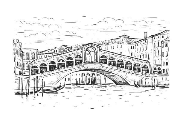 hand gezeichnete skizze vektor-illustration von venedig, italien. zeichnung von brücke rialto, grand canal, häuser und gondel isoliert auf weiß. schwarze linie isoliert auf weiß. - venice italy italy rialto bridge italian culture stock-grafiken, -clipart, -cartoons und -symbole