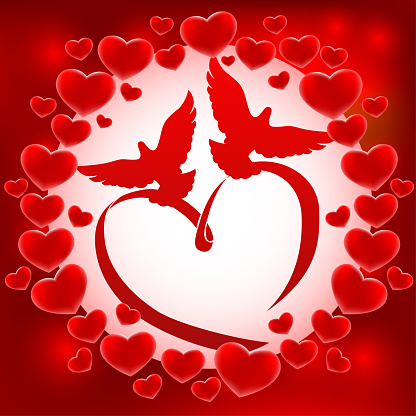 Romantic illustration with red hearts and two doves.
